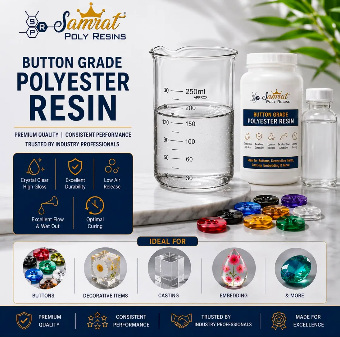 Button Grade Resin — transparent unsaturated polyester casting resin for buttons; Samrat Poly Resins product graphic