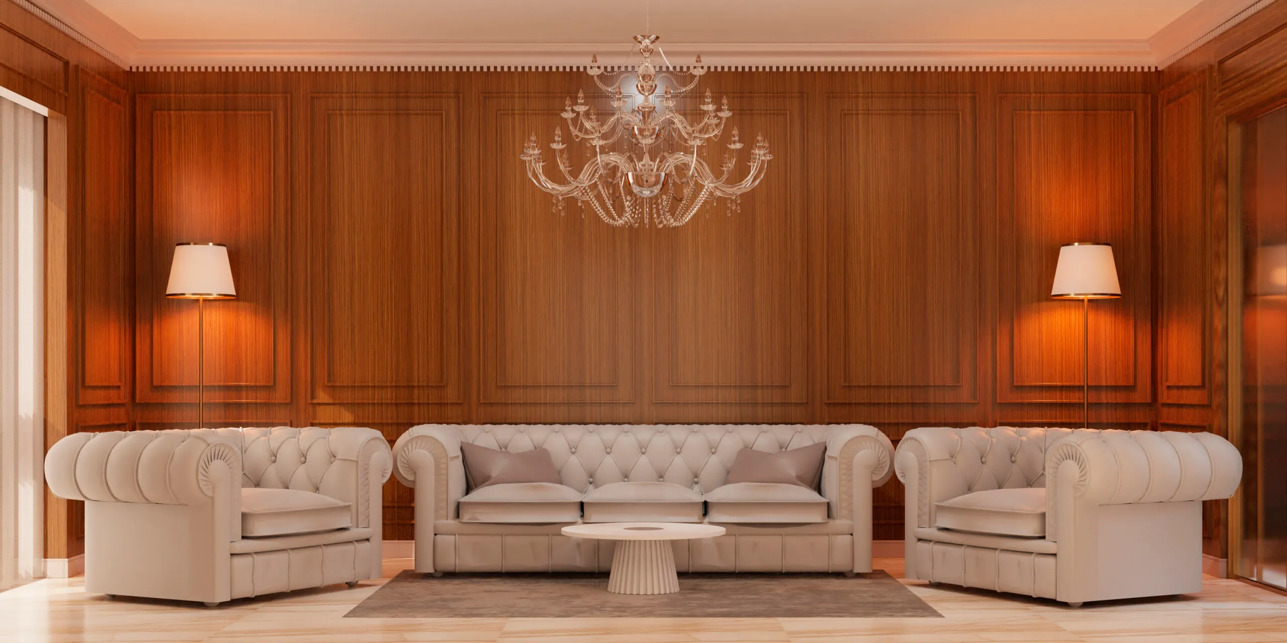 Interior wall finished with decorative wood-panelled laminate cladding