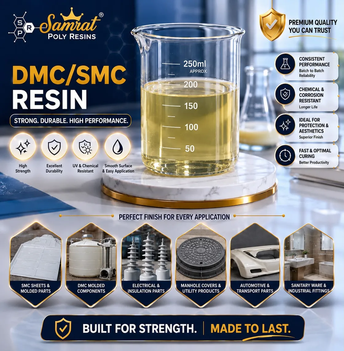 DMC/SMC Resin — orthophthalic polyester resin for dough and sheet moulding compounds; Samrat Poly Resins product graphic
