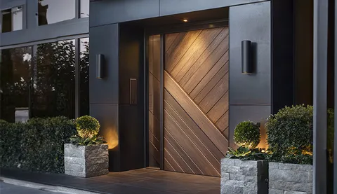 Modern entrance door finished with a decorative wood-grain laminate panel design