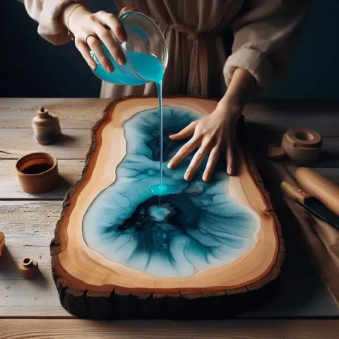 Hands pouring blue-tinted mixed epoxy resin from a mixing cup onto a live-edge wood slab