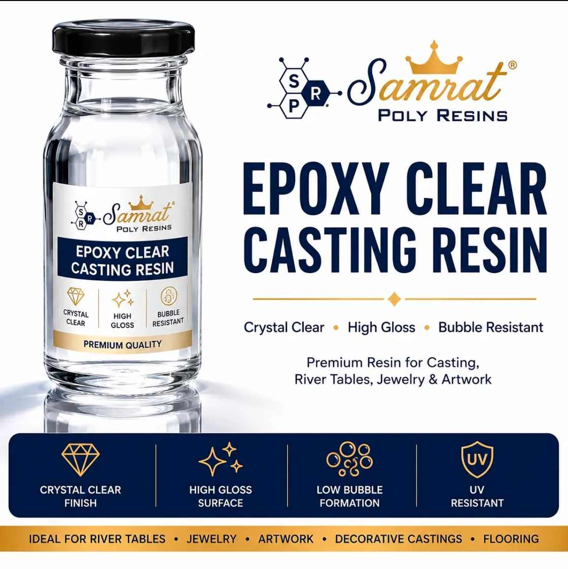 Epoxy Clear Casting Resin — crystal-clear two-part epoxy for river table and decorative casting; Samrat Poly Resins product graphic