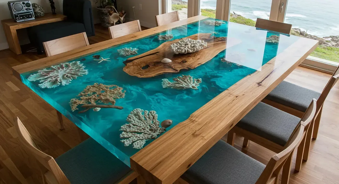 Live-edge wood dining table with a clear blue-tinted epoxy resin pour set with coral and shell inlays