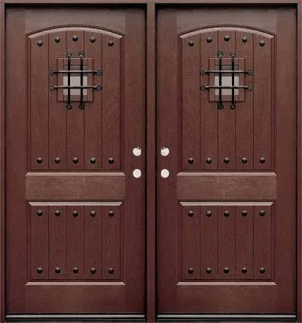 FRP double door with moulded panel design and decorative metal grille