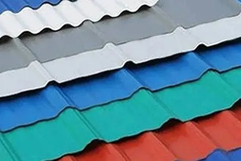 Stack of coloured corrugated FRP laminate sheets