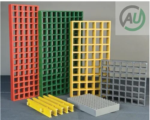 Stack of coloured FRP moulded grating panels in a range of sizes