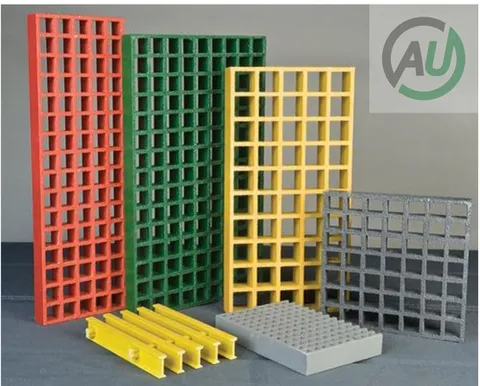 Stack of coloured FRP moulded grating panels in a range of sizes