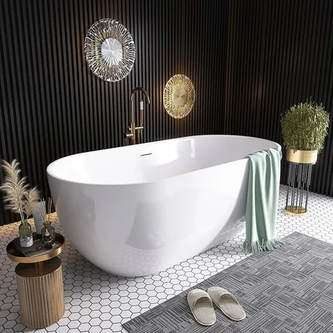 Glossy white freestanding FRP bathtub with a smooth gelcoat surface finish