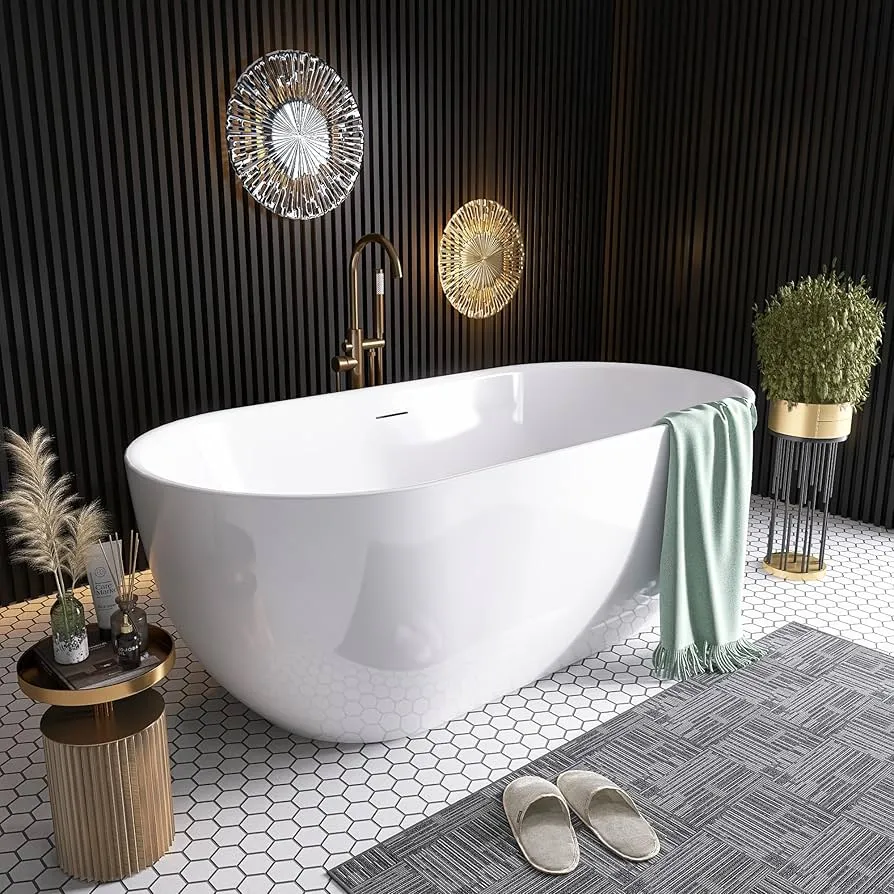 Glossy white freestanding FRP bathtub with a smooth gelcoat surface finish