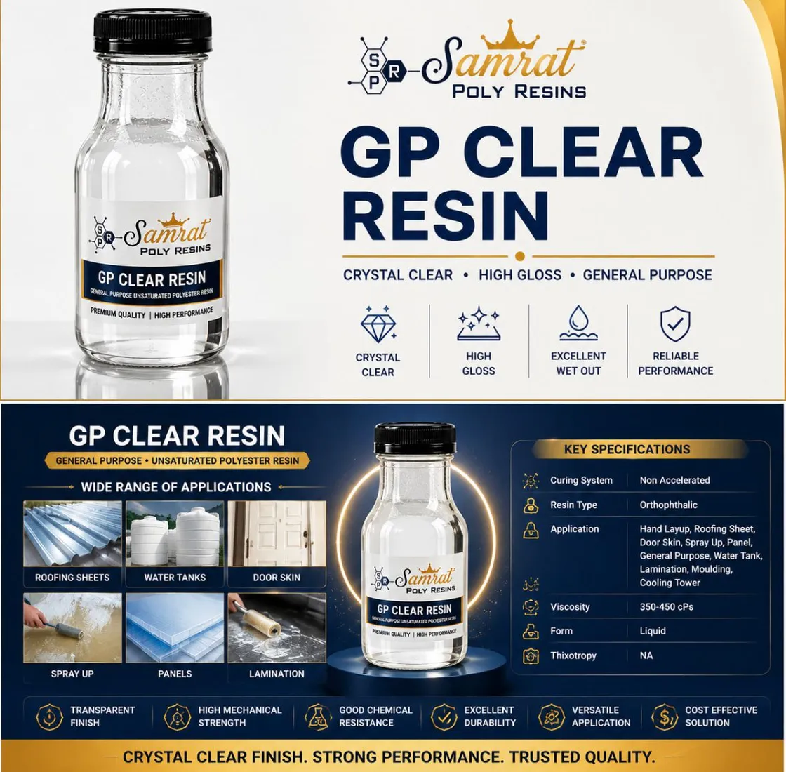 GP Clear Resin — clear orthophthalic general-purpose unsaturated polyester resin; Samrat Poly Resins product graphic