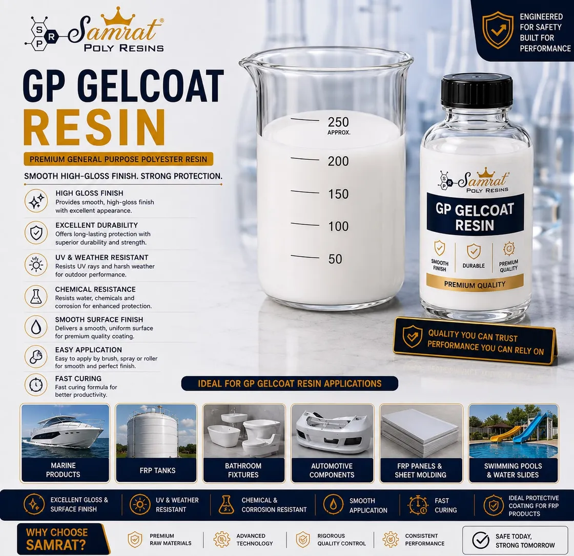 GP Gelcoat Resin — white high-gloss polyester surface-coating gelcoat; Samrat Poly Resins product graphic