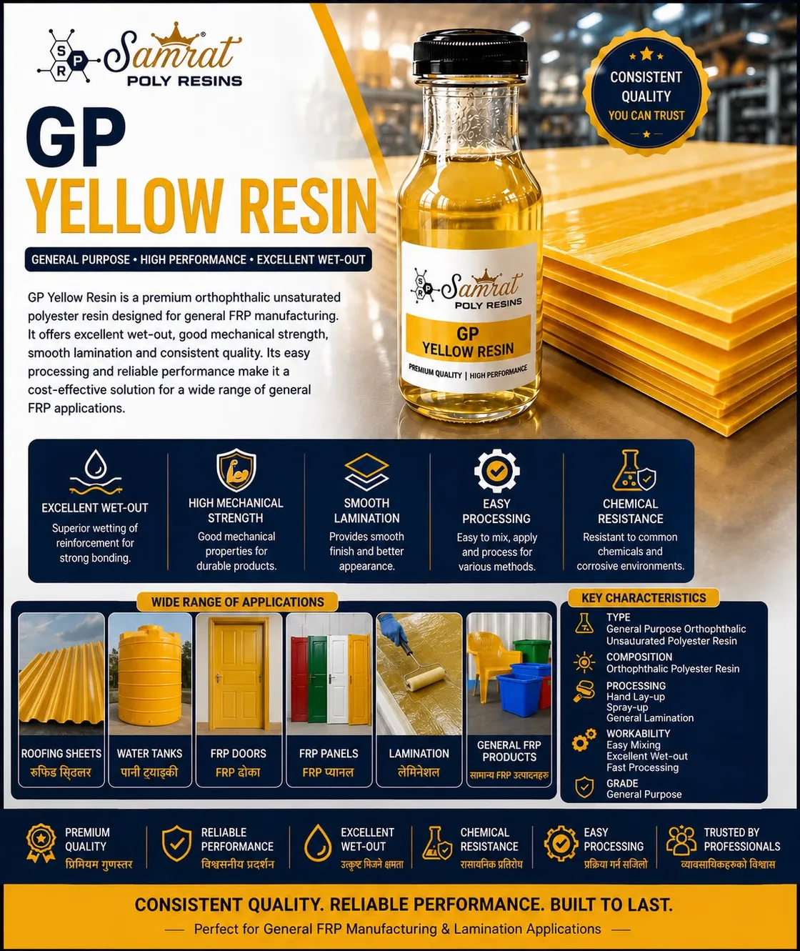 GP Yellow Resin — transparent yellow, general-purpose orthophthalic polyester laminating resin; Samrat Poly Resins product graphic