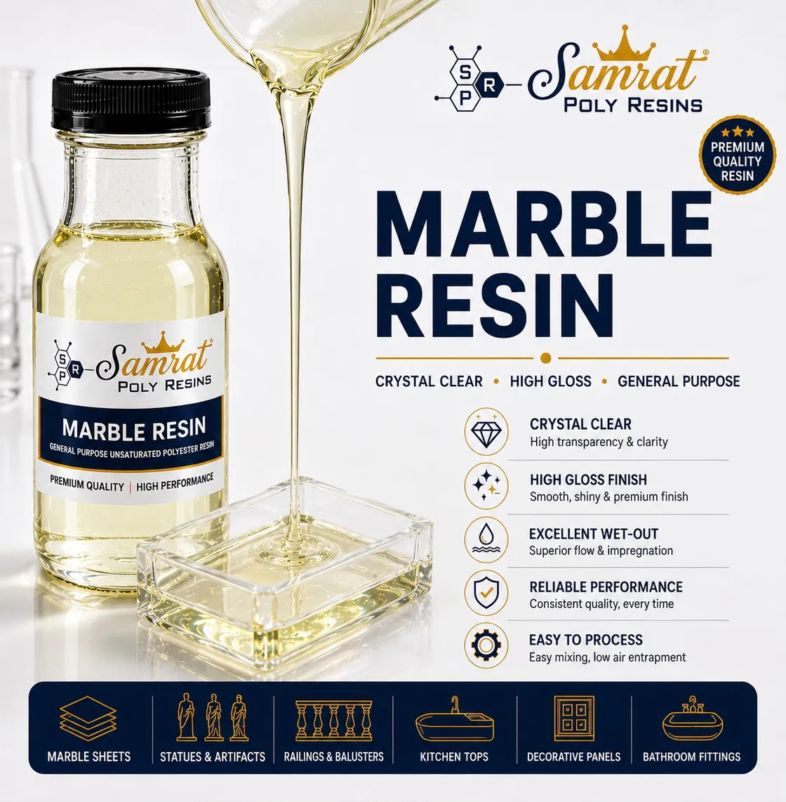 Marble Resin — water-white unsaturated polyester resin for cultured marble; Samrat Poly Resins product graphic