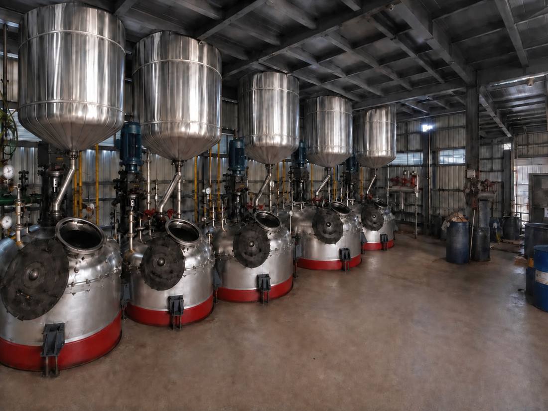 Row of stainless-steel resin reactors inside the Samrat Poly Resins plant at Doraha, Punjab