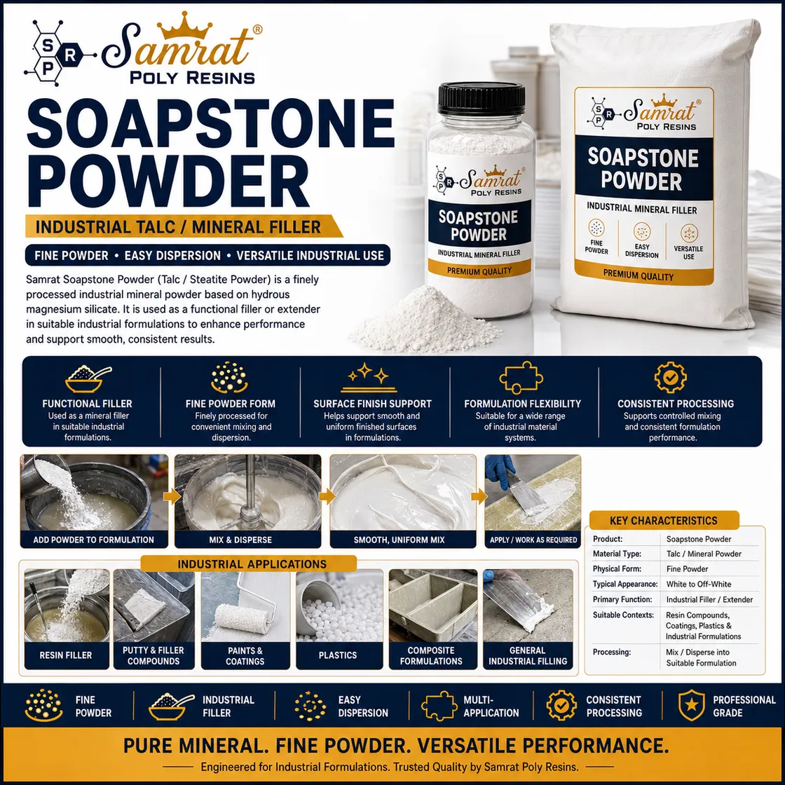 Soap Stone Powder — soapstone / talc-type industrial mineral filler powder; Samrat Poly Resins product graphic