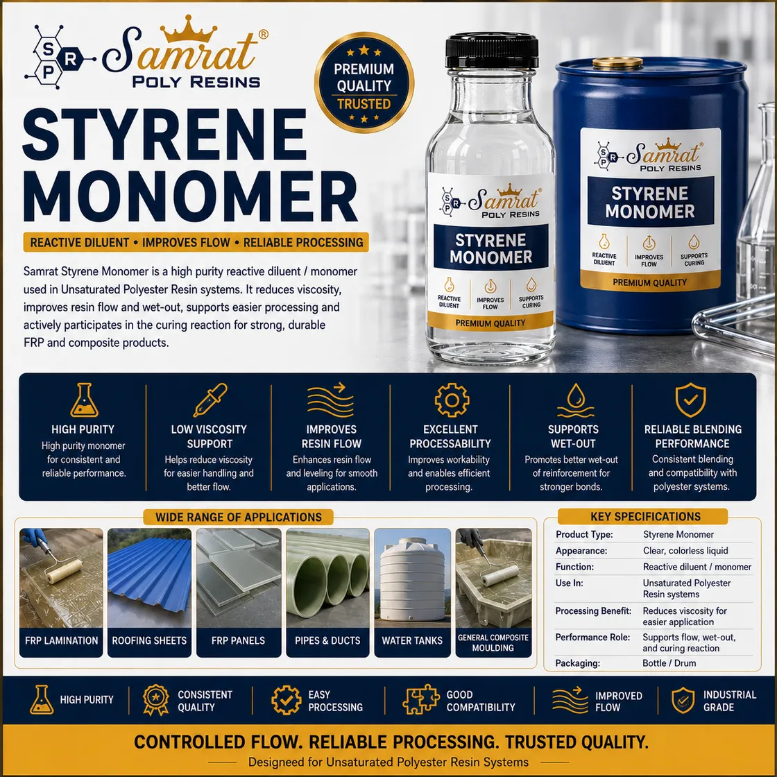 Styrene Monomer — reactive monomer / reactive diluent for unsaturated polyester resin systems; Samrat Poly Resins product graphic