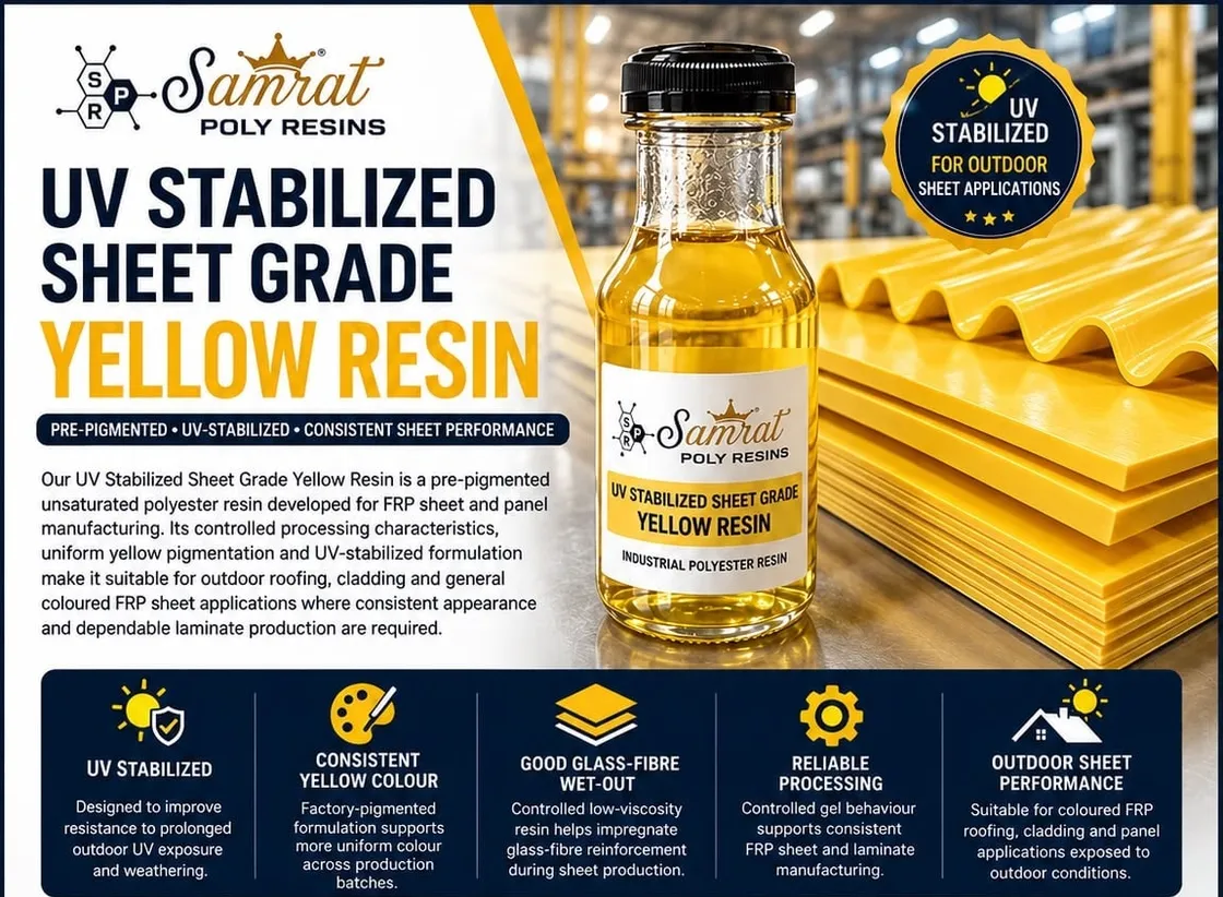 UV Stabilized Sheet Grade Yellow Resin — pre-pigmented yellow polyester resin for outdoor FRP sheet; Samrat Poly Resins product graphic