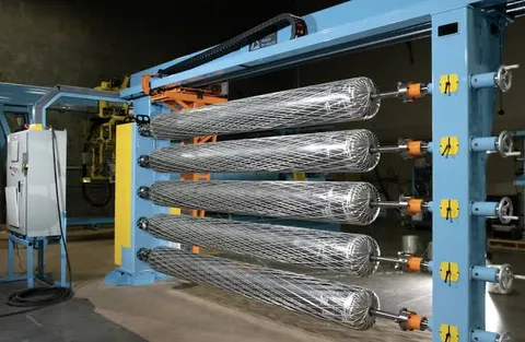 Multi-spindle filament winding machine with fibre-wound mandrels loaded on the rack