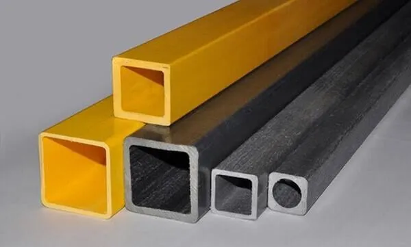 Pultruded FRP square and round profile stock in yellow fibreglass and black carbon fibre