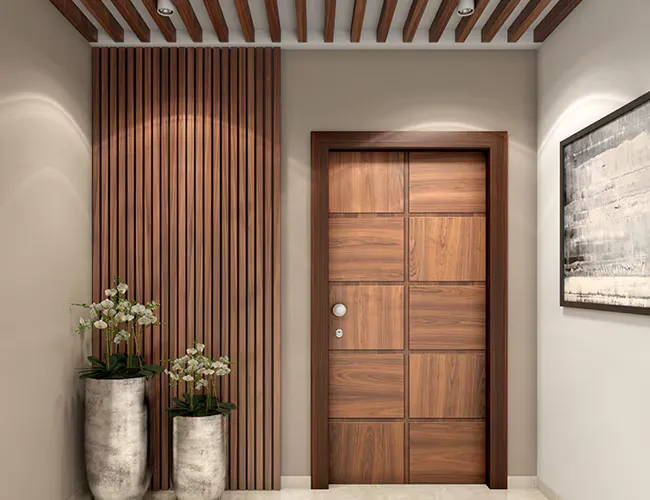 Wood-grain laminate door skin with a panelled grid design bonded onto a flush door