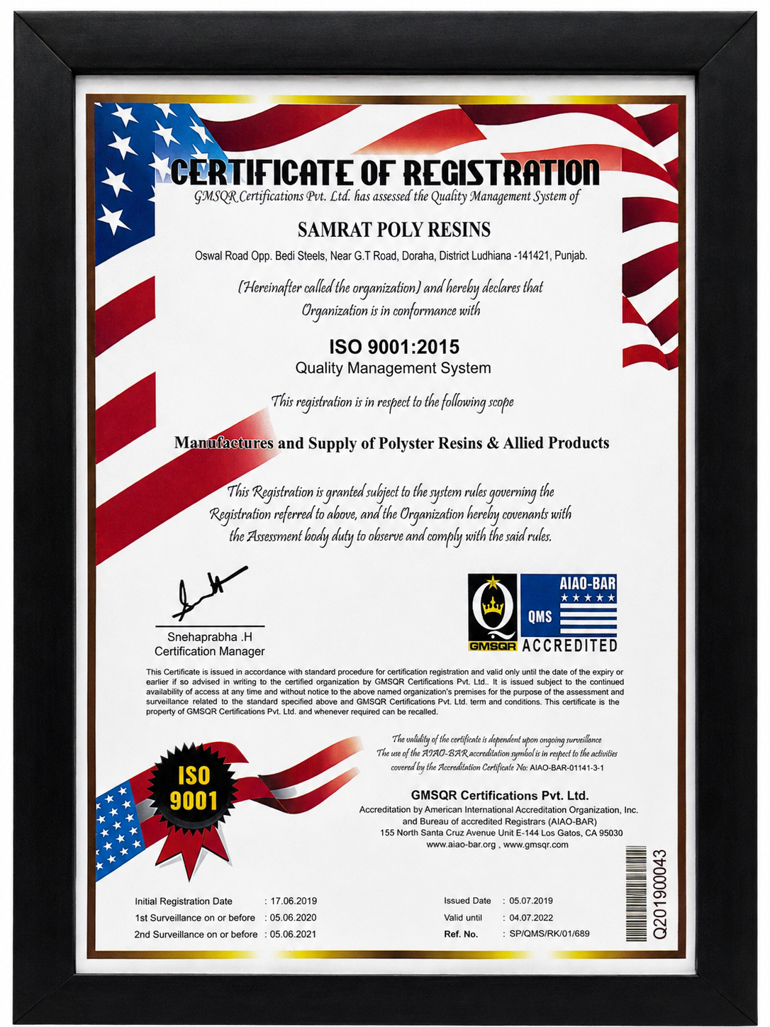 ISO 9001:2015 Certificate of Registration — Samrat Poly Resins